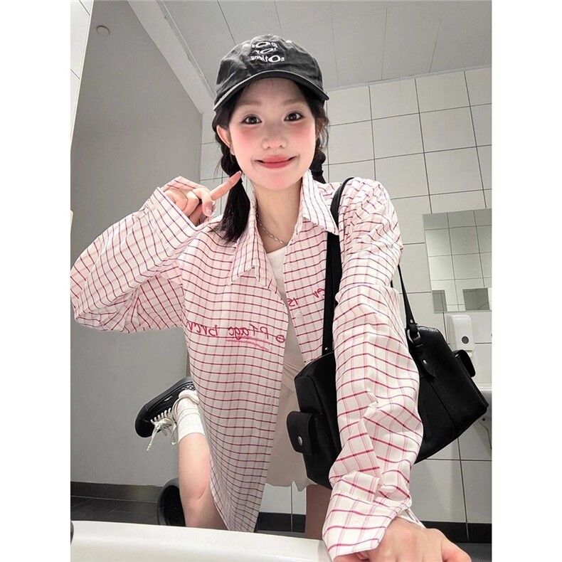 潮牌粉色格子POLO领防晒衬衫女春夏开衫设计感修身显瘦百搭衬衣,男装防晒衣,星座506A