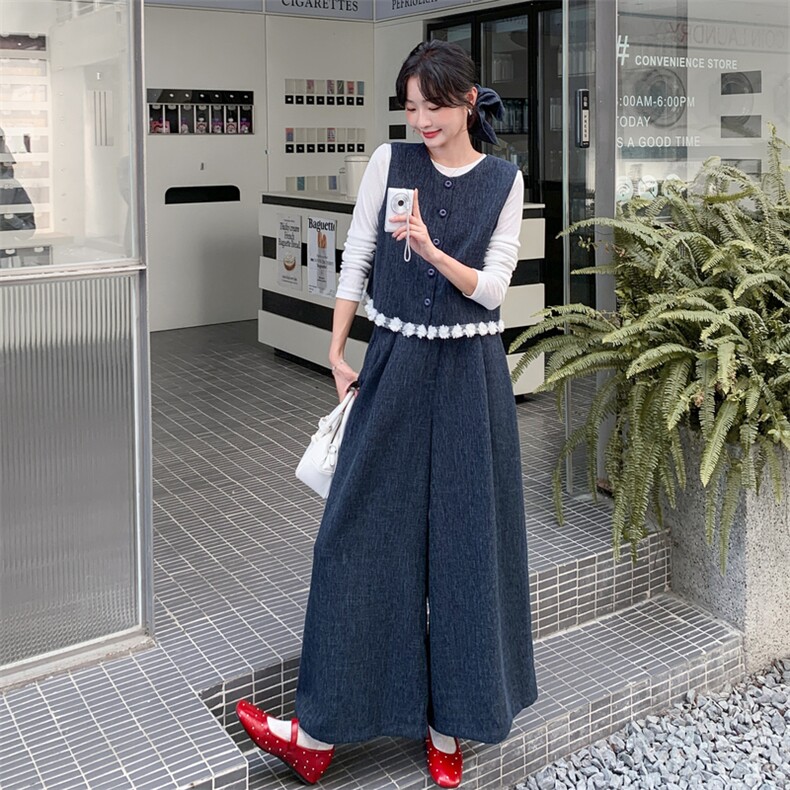 蕾丝拼接牛仔马甲套装裤女春秋2025新款韩系长袖打底阔腿裤三件套,女装套装/套裙,2C203