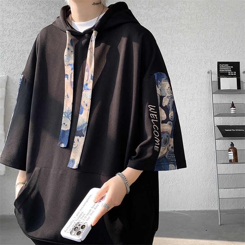 新中式男装中国风连帽短袖卫衣男刺绣美式夏季潮牌重磅7七分袖t恤图片