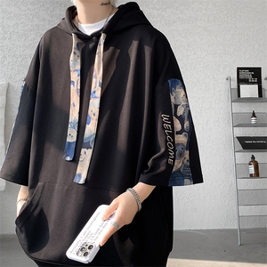 新中式男装中国风连帽短袖卫衣男刺绣美式夏季潮牌重磅7七分袖t恤图片