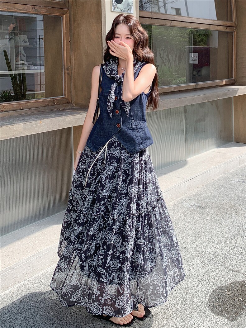 《26夏上新》水洗薄牛仔收腰马甲+波西米亚半裙两件套裙子女,女装套装/套裙,苗苗