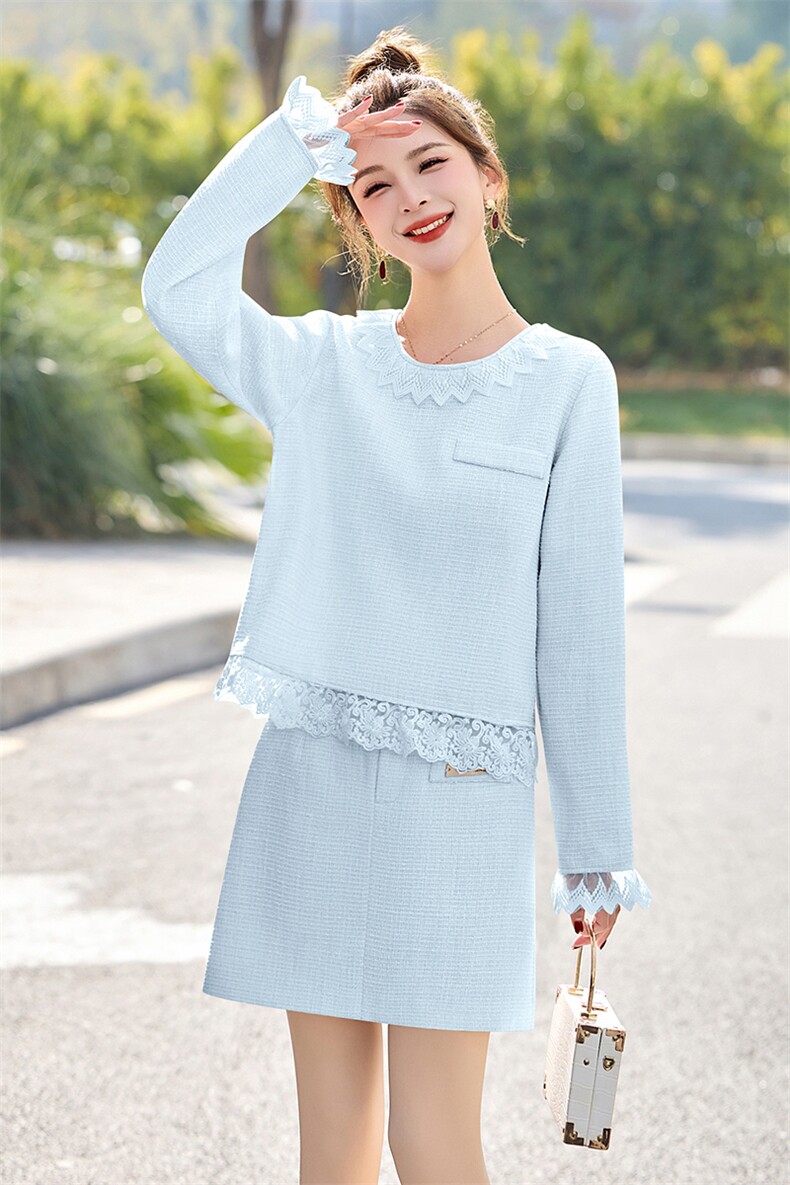 套装女春季大码杭派圆领拼接蕾丝花边小香风优雅气质宽松两件套,女装套装/套裙,美静678