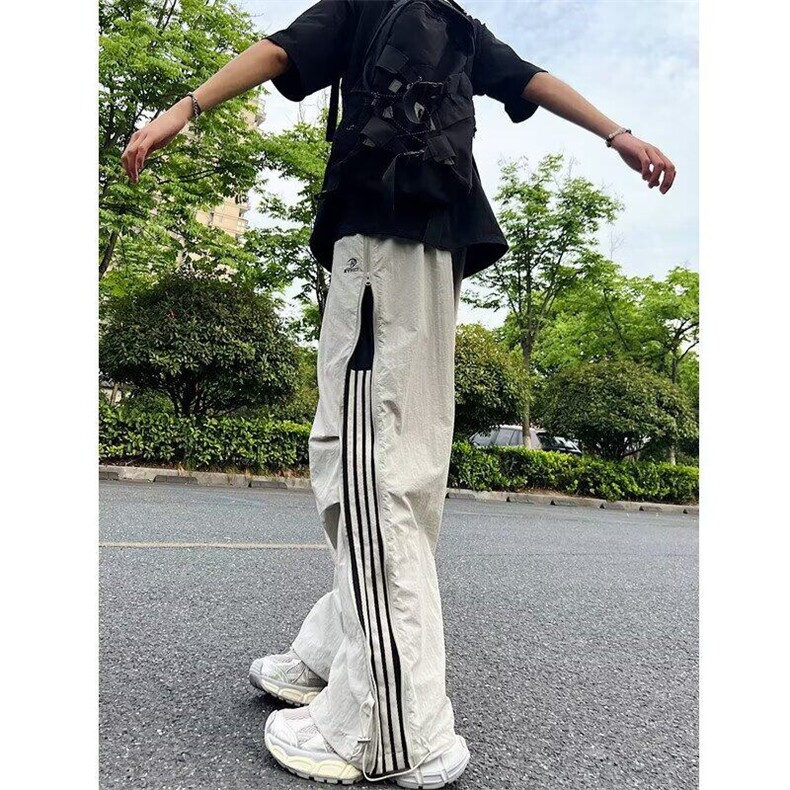 三条杠伞兵工装裤男春秋潮牌设计感拉链速干裤子美式休闲运动长裤图片