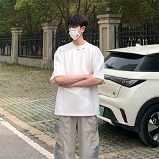 抖音得物品质二开240克宽松纯棉美式高街痞帅潮牌金属装饰短袖T恤，男装T恤，电商A486