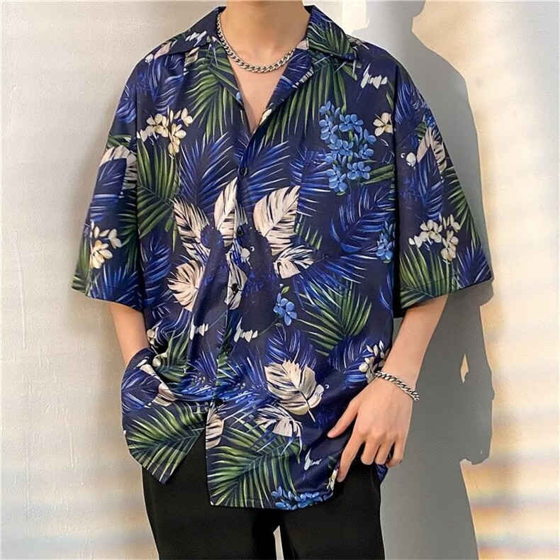 日系五分袖春夏季新款衬衫潮流慵懒男方领宽松型衬衫C1325P30,男装衬衫,星座1116-2