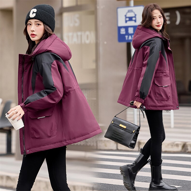 撞色拼接工装派克羽绒服女2024冬新款时尚休闲保暖加厚白鸭绒外套,女装羽绒服,采品优优