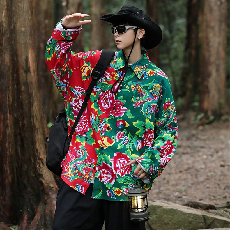 PC203秋装休闲东北大花拼接长袖衬衫外套男女宽松寸衣汉服演出服,男装衬衫,星座115A(原星座507）