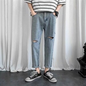 牛仔裤男宽松潮牌毛边破洞九分裤夏季韩版新款百搭直筒GD89-P35图片