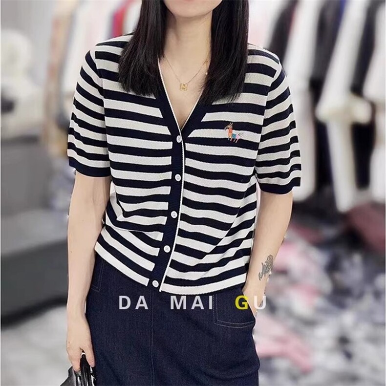 时尚女装秋季新款彩色刺绣小马条纹开衫修身显瘦短袖针织衫,女装短外套,珍珑羊绒