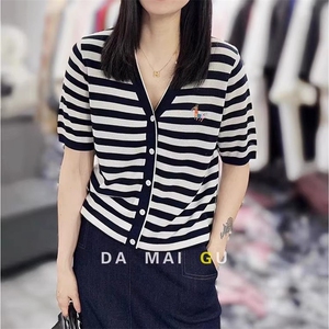 时尚女装秋季新款彩色刺绣小马条纹开衫 修身显瘦短袖针织衫图片