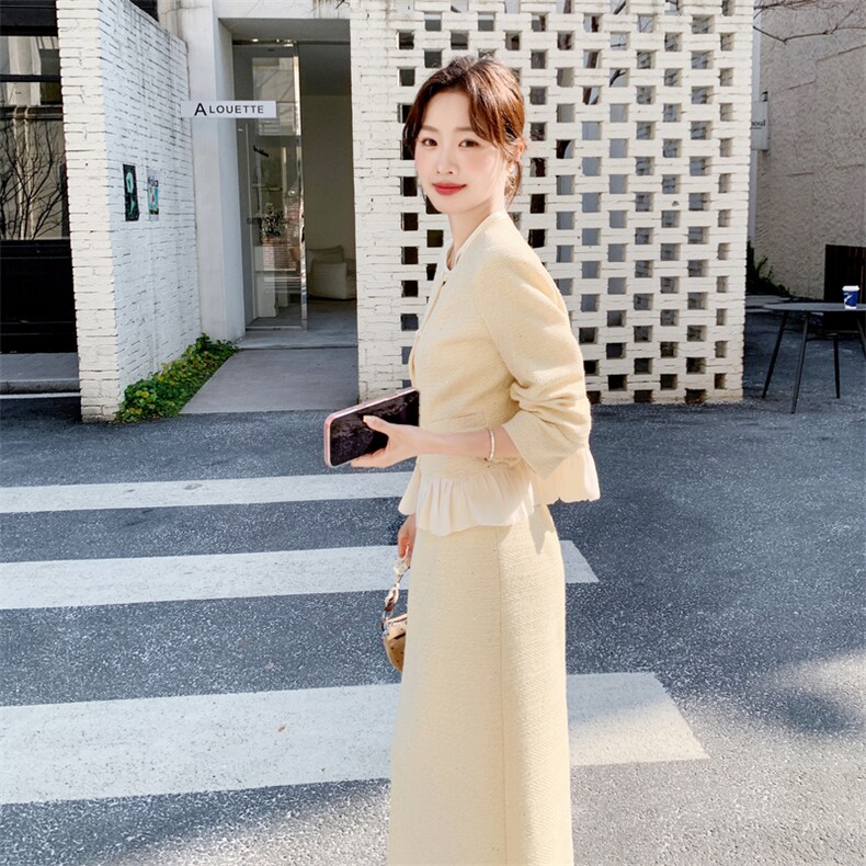 -2026年春季纯色拼接花边休闲时尚小香风两件套套装外套女,女装套装/套裙,1D102-1