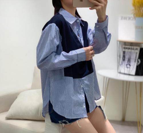 秋季新款韩版新款拼色百搭打底衫衬衫，女装衬衫，久久索衣缘