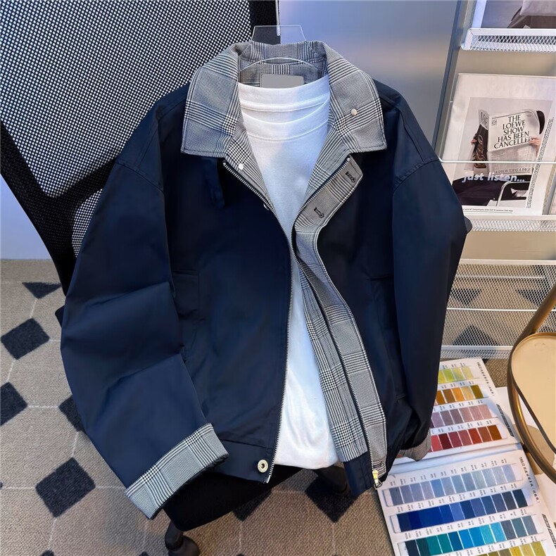 复古格纹拼接假两件棉服外套男女春秋冬季保暖棒球服夹克翻领,男装夹克,星座506A