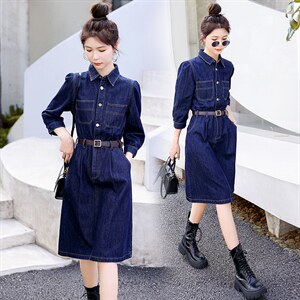 时尚显瘦牛仔连衣裙女长袖气质修身百搭新款春装裙子，女装连衣裙，秋水欣儿