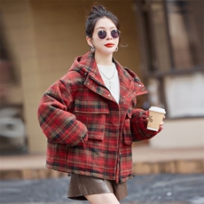 连帽羽绒服女冬季新款2025格子法式气质显瘦设计感时尚减龄外套潮，女装毛呢外套，水衣源