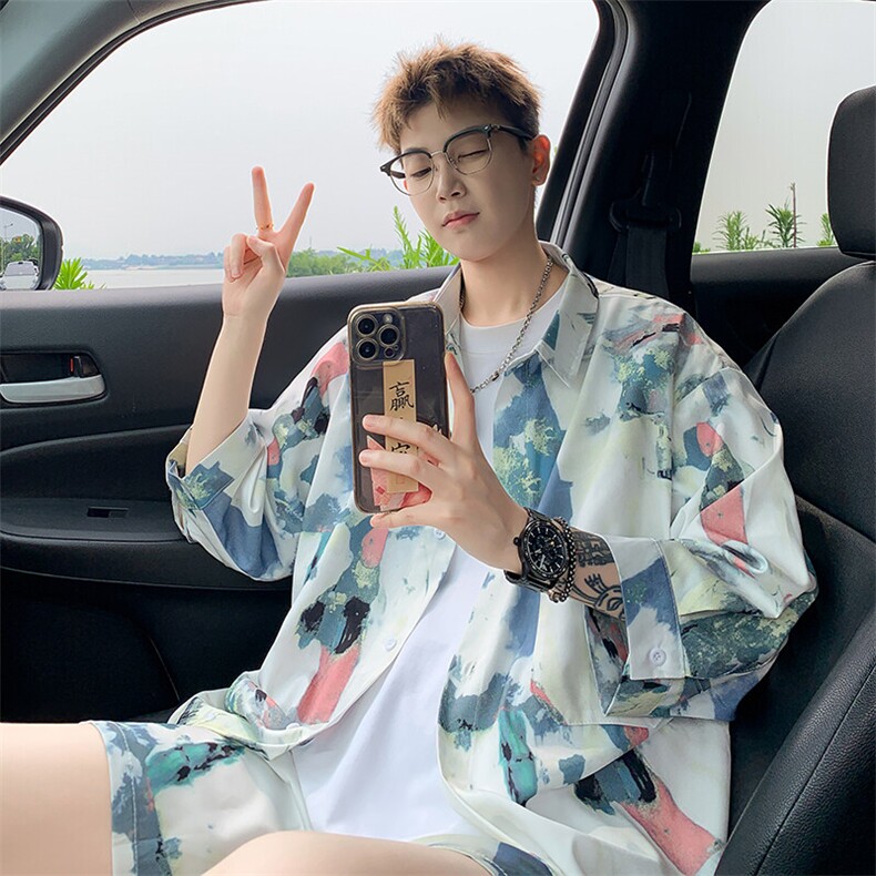2025夏水墨画冰丝凉感短袖五分袖衬衫薄套装 TZ5678/特P50 浅蓝3图片