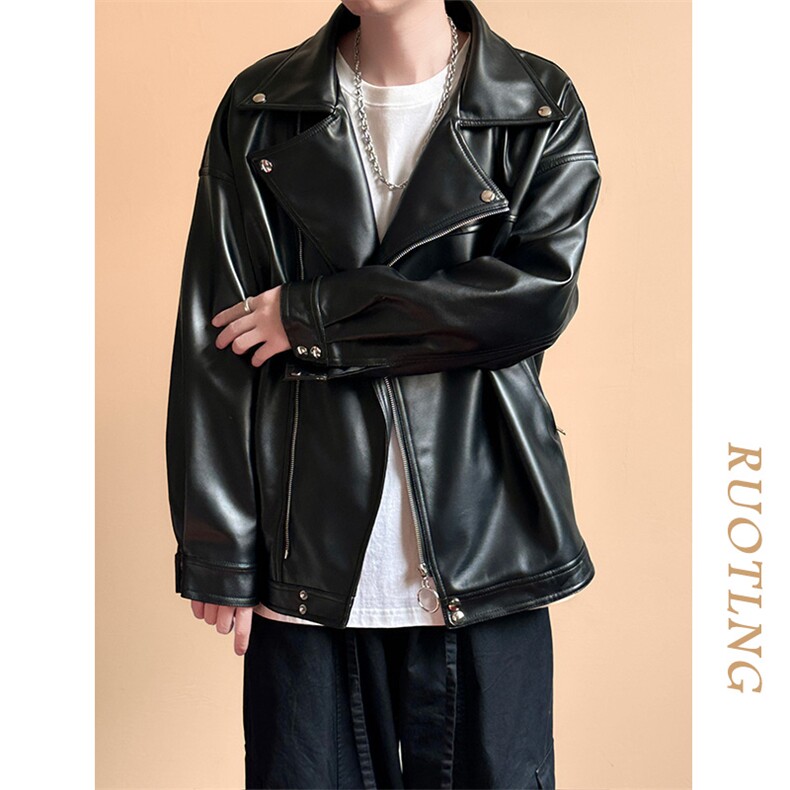 现货-春装皮衣外套男翻领休闲皮夹克潮牌PU机车服A506P90加绒100,男装夹克,电商A351