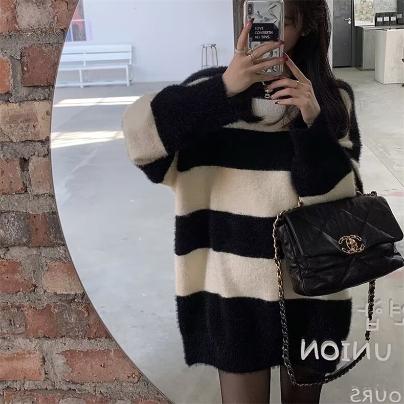 MM151-P68秋冬加厚毛衣女韩版潮流宽松条纹针织港风慵懒线衣外套,针织衫/毛衣,星座617A-2
