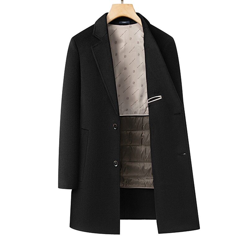 冬季新款男士毛呢大衣中长款羊毛外套西装领商务风衣保暖鹅绒内胆，男装风衣，电商B360