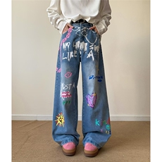 蓝色牛仔裤拼接印花水洗直筒百搭秋冬装长裤XZ212-QNK7037-P52，男装牛仔裤，星座212
