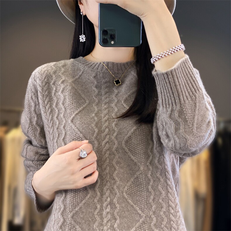 2025年秋季新款百搭女士提花长袖圆领羊毛衫,女装羊毛衫,春贝羊绒