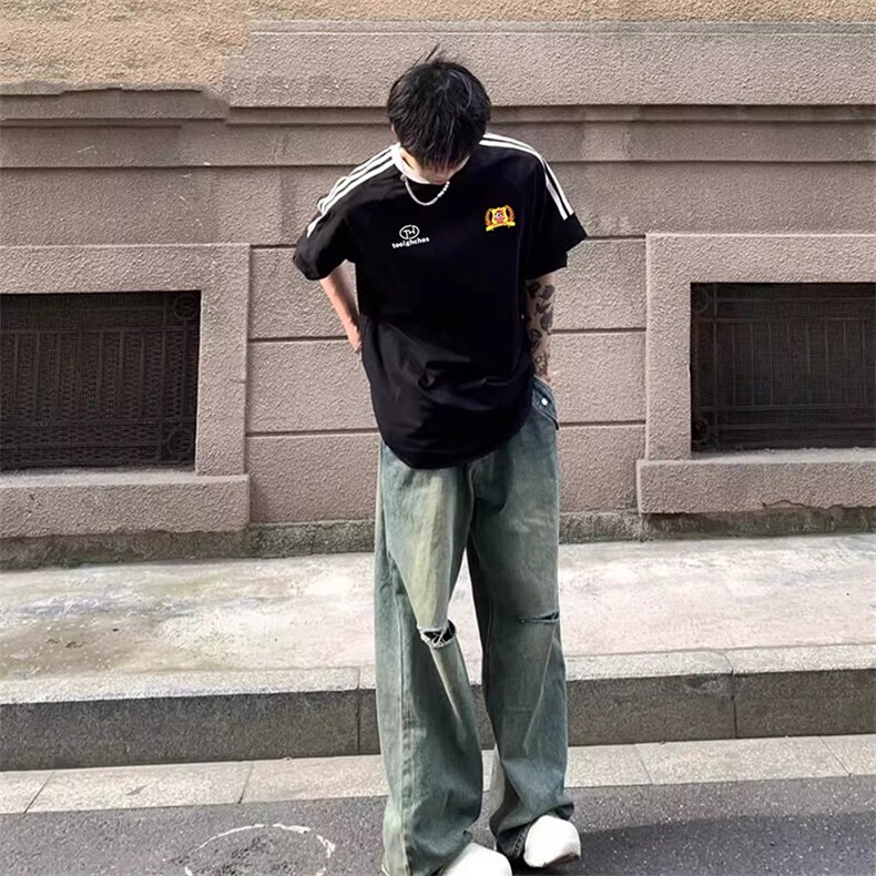 夏季美式高街重磅纯棉三条杠织带撞色男女短袖T恤ZD613-特P30,男装T恤,电商A486-1
