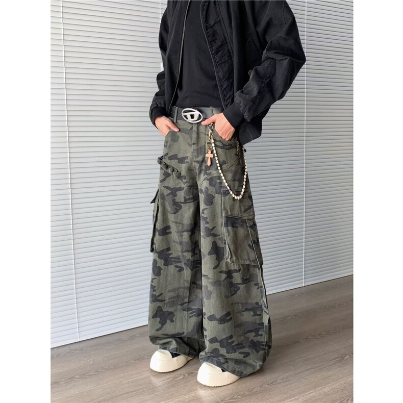 复古迷彩阔腿弯刀工装牛仔裤男女百搭潮牌宽松休闲裤8007P65，男装牛仔裤，星座410-2