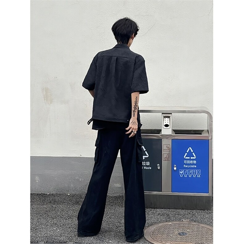 1506/Q22750/P51撞色拼接cleanfit短袖衬衫男垫肩褶皱半袖衬衣,男装T恤,星座1506