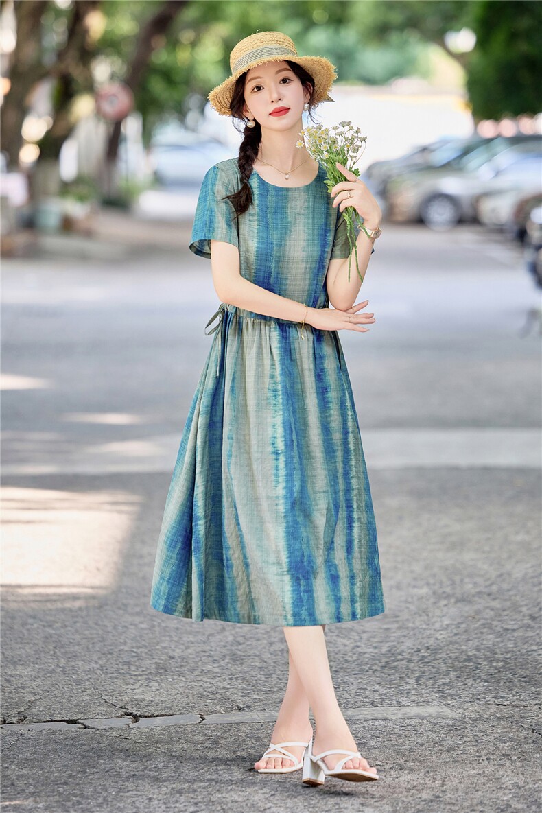 复古扎染条纹印花棉麻连衣裙女2026夏季新款宽松收腰显瘦休闲裙子,女装连衣裙,倪叶myz
