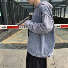 21秋冬港风假两件卫衣拼牛仔连帽夹克外套休闲宽松中性H201/P70,男装夹克,钱塘713