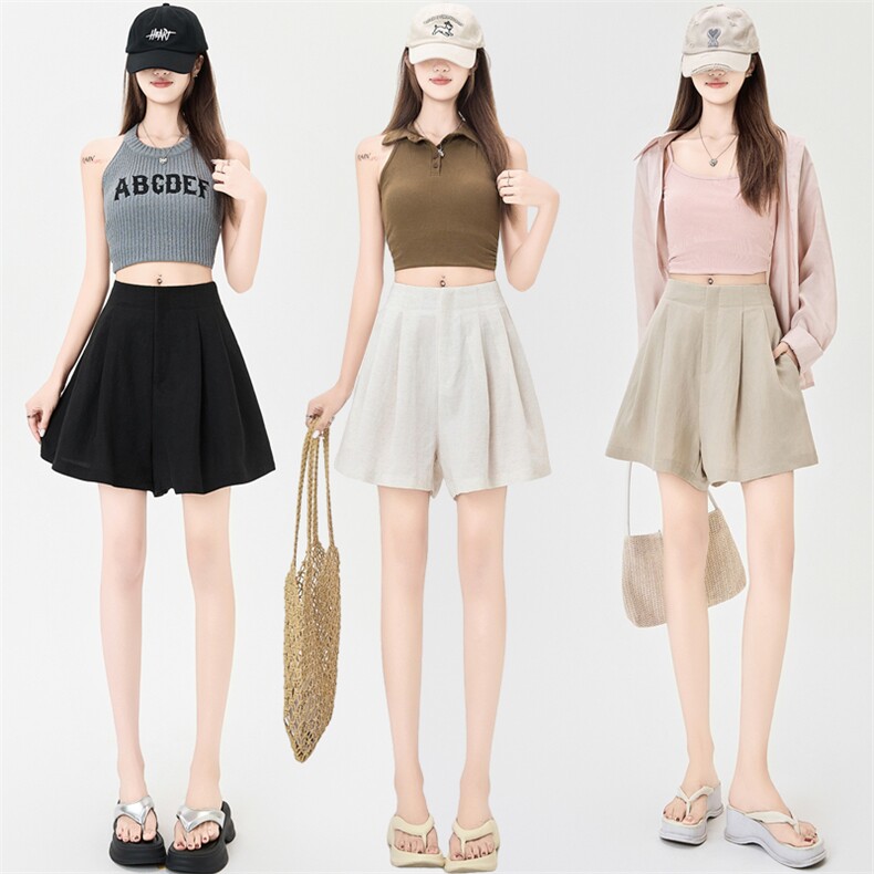 天丝麻料西装短裤女夏季薄款2025新款高腰a字阔腿花苞五分裤，女装短裤/热裤，梦白服饰厂
