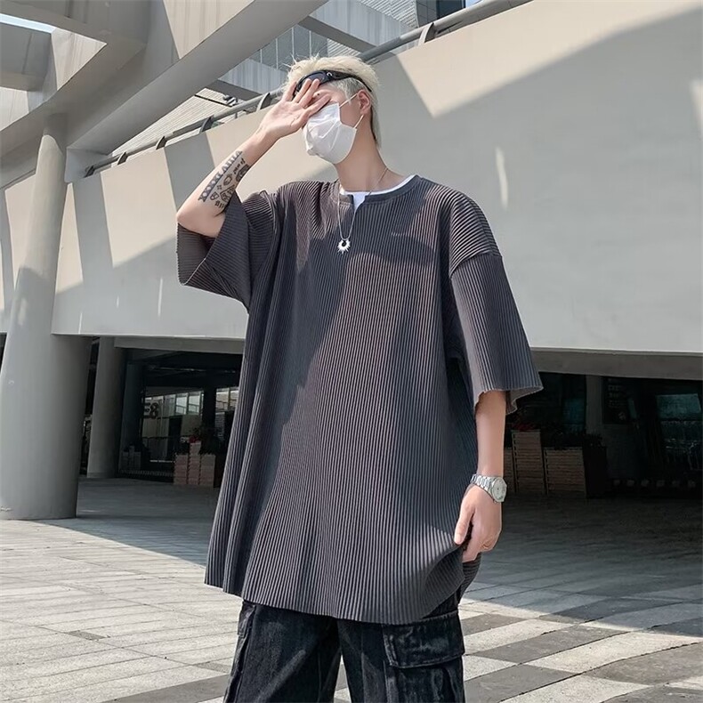 褶皱T恤男士短袖韩版潮流高街帅气百搭2024夏季ins体恤ST406-P32图片