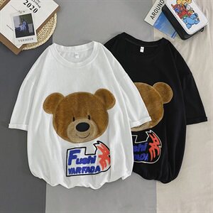 703-T213-P38 夏季贴布绣毛绒小熊 毛巾绣T恤潮牌宽松情侣短袖图片