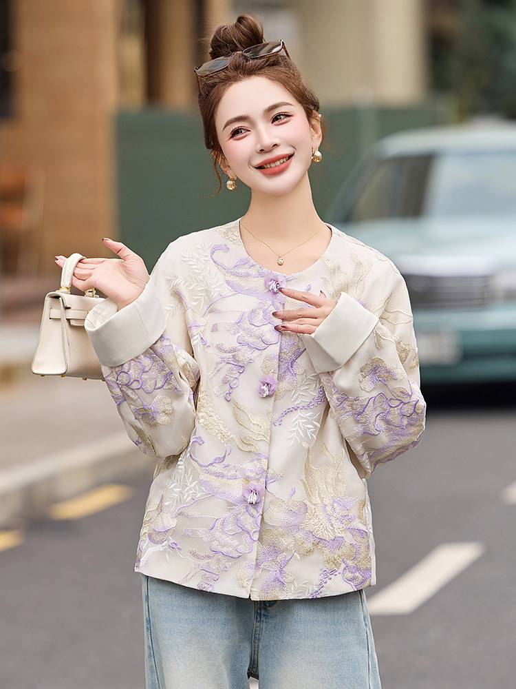 2025春夏季新款紫色重工刺绣提花蕾丝防晒衣新中式国风短款外套女,女装短外套,伊仟回