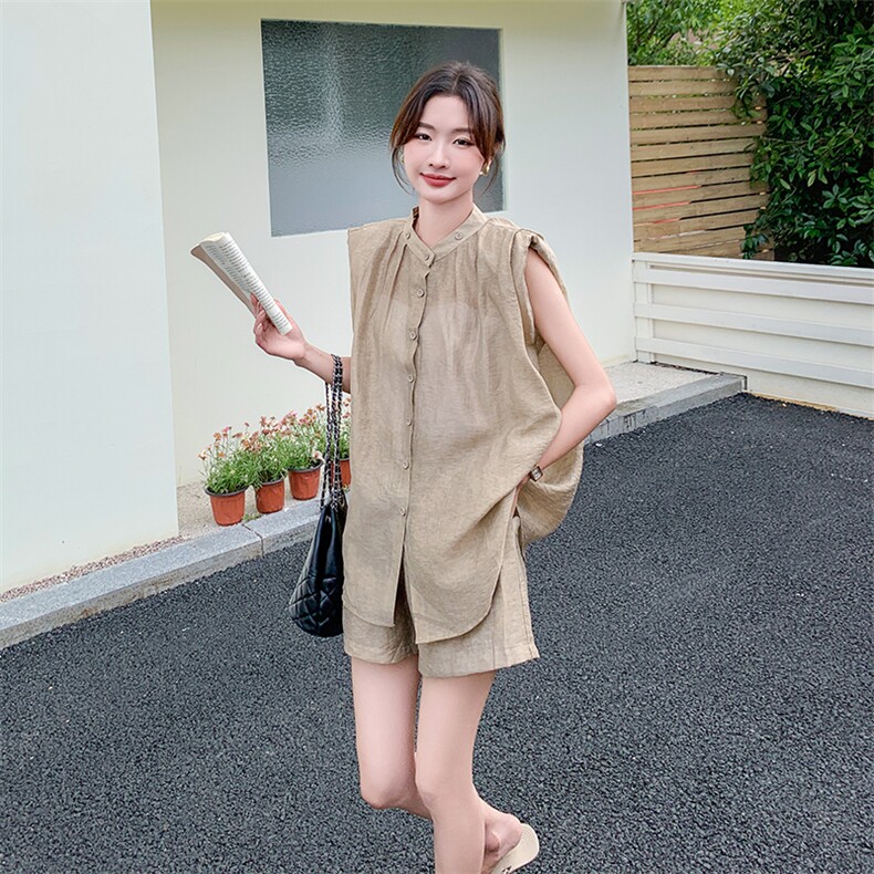 【新增灰色】韩系清新无袖飘带亚麻短裤套装F538-P135-K198,女装套装/套裙,2C255