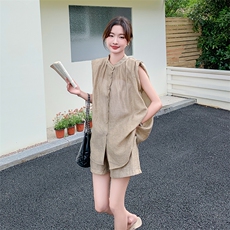 【新增灰色】韩系清新无袖飘带亚麻短裤套装F538-P135-K198，女装套装/套裙，2C255
