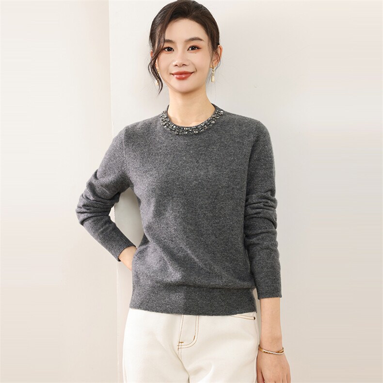 高端重工钉钻100%纯羊毛针织衫女灰色宽松显瘦百搭保暖毛衣秋冬,女装羊毛衫,佰旭羊绒