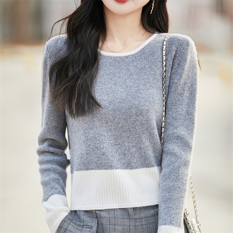 秋冬新款拼色100%纯羊毛衫女圆领针织毛衣气质宽松羊绒衫打底上衣,女装羊毛衫,蒙特羊绒