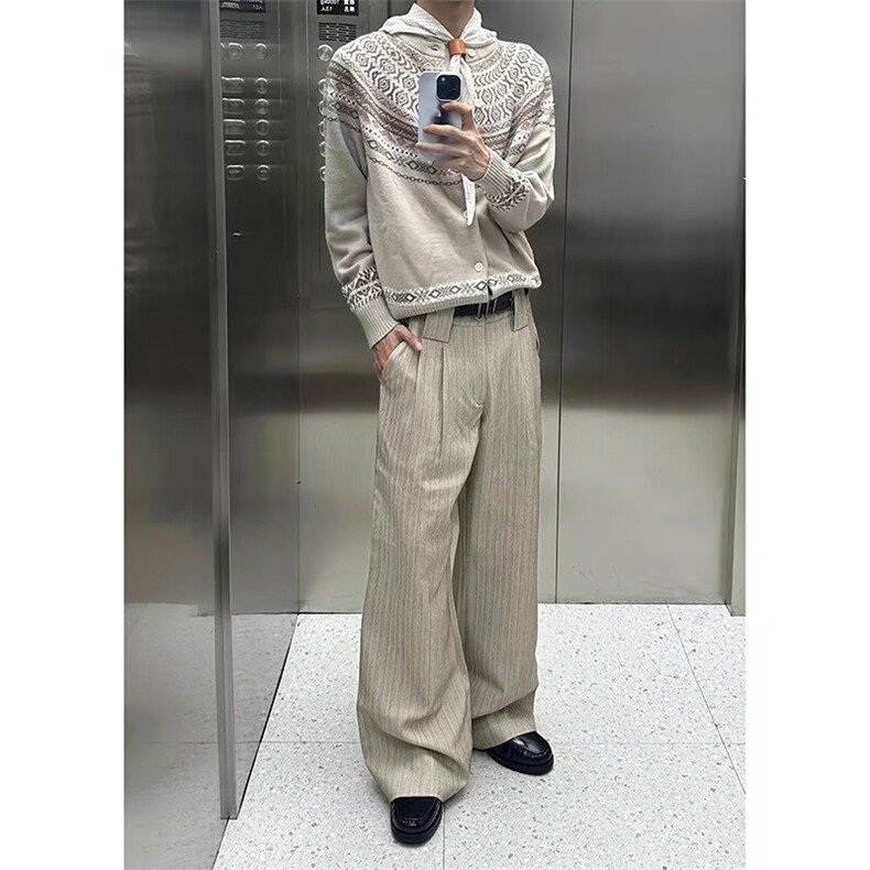 美式复古通勤高智老钱风条纹西裤男女宽松垂感百搭弯刀休闲西装裤,男装西服套装,星座506A