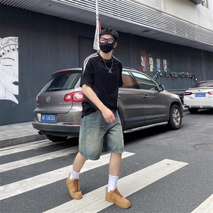 美式复古牛仔短裤男夏季新款水洗做旧宽松直筒五分裤A6106-P45图片