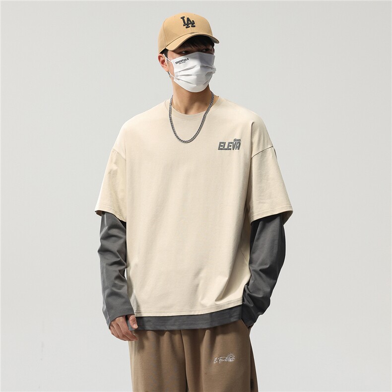 长袖t恤男春秋美式高街潮牌圆领春季宽松假两件卫衣8083-P46控89,男装T恤,电商D215