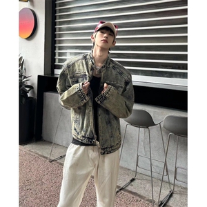 美式复古做旧水洗垫肩短款拼接牛仔外套潮牌无领夹克男JK1224图片