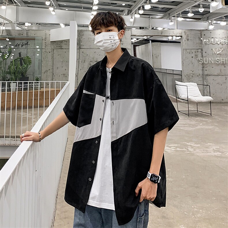 2021年春季新款拼接衬衫女宽松落肩港风衬衫男DS-C407-CS304-P35,男装衬衫,电商C323-1
