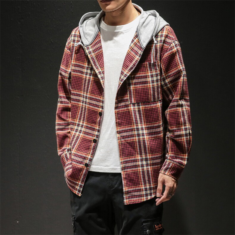2021春季新款马切达日系宽松大码男休闲连帽格子衬衫C525-P50,男装衬衫,电商A001