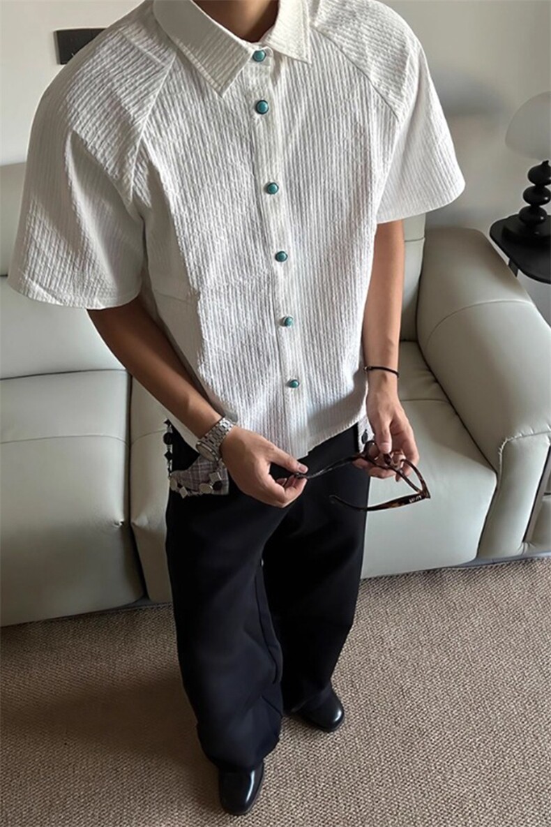 短袖衬衫绿松石肌理褶皱衬衫老钱boxy上衣CS229特P43,男装T恤,星座908-1