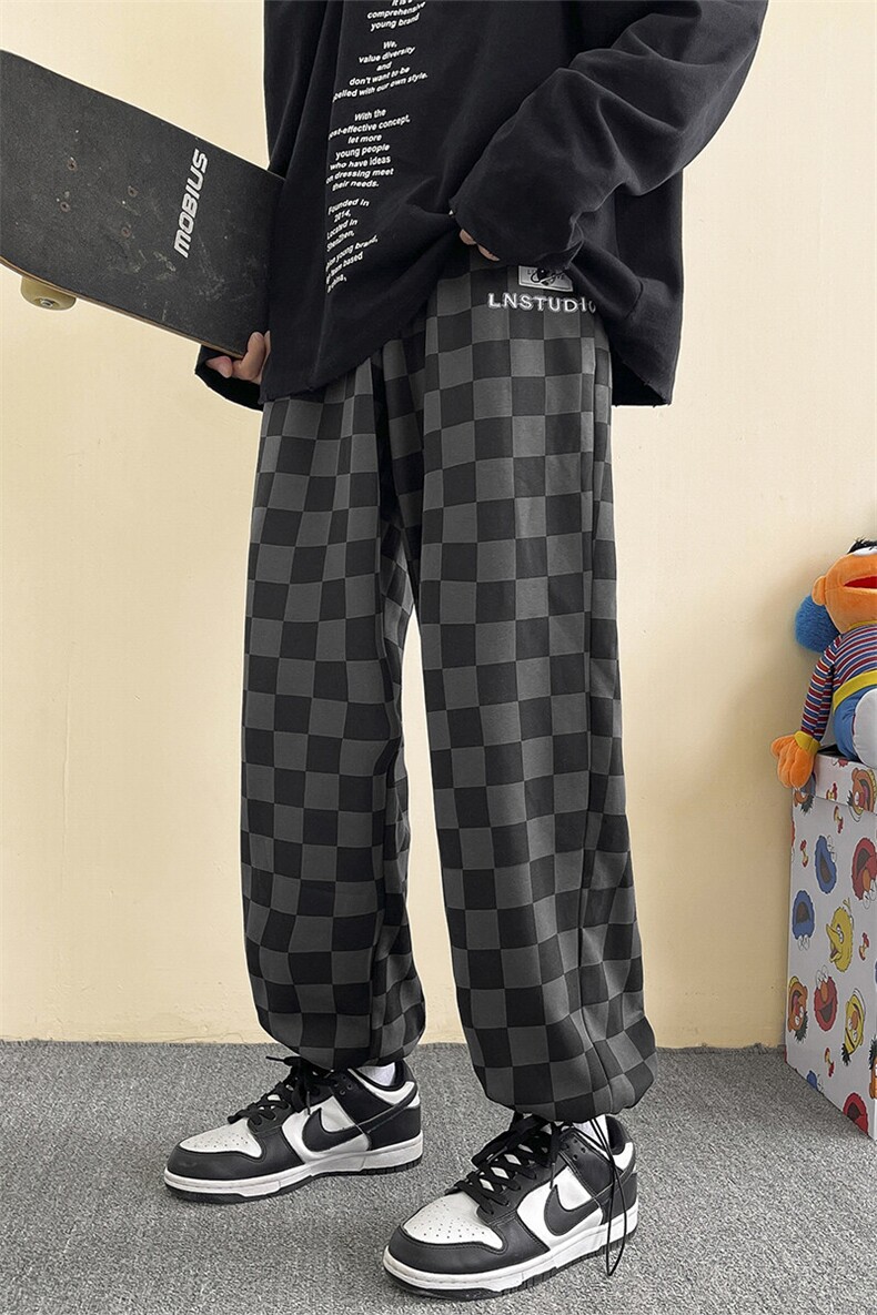 703-K280-P45春季棋盘格绣花宽松休闲直筒长裤,男装休闲裤,星座703