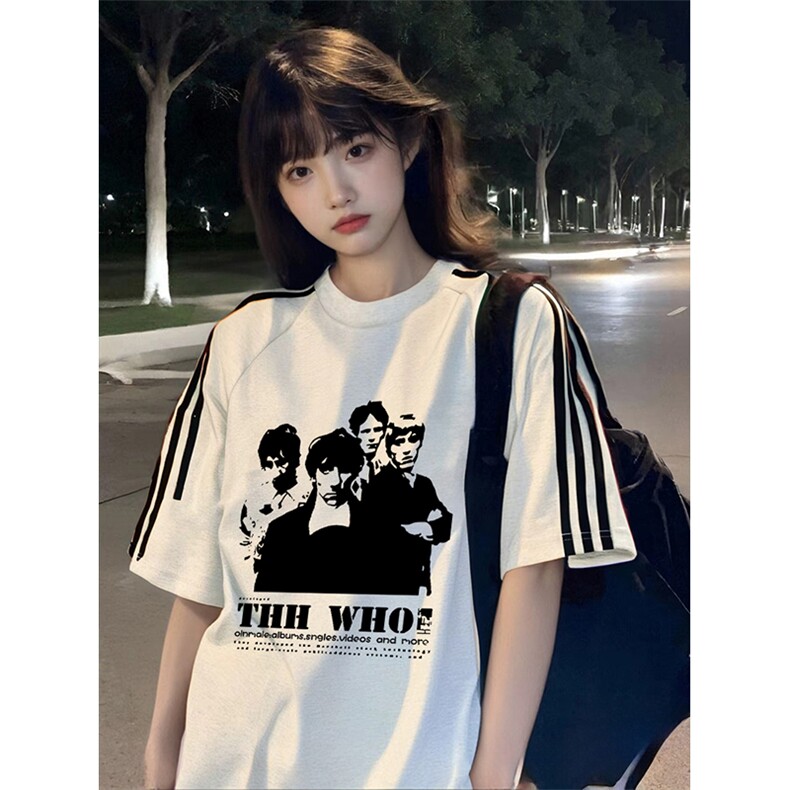 抖音得物高品质二开240克宽松纯棉美式潮牌三条杠织带短袖T恤图片