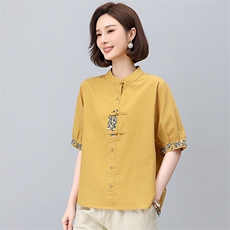 新中式国风刺绣棉麻衬衫女2025年夏季新款妈妈宽松遮肚子亚麻上衣，女装大码女装，依恋蒂丝