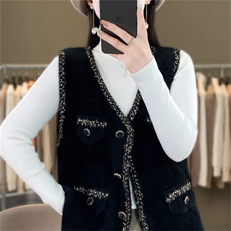 时尚女装水貂绒马甲外套优雅显瘦无袖背心冬季保暖百搭单品,女装马甲,暖姿羊绒