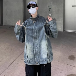 春秋美式高街复古拼接牛仔外套男女款做旧工装痞帅夹克JK867-P72图片